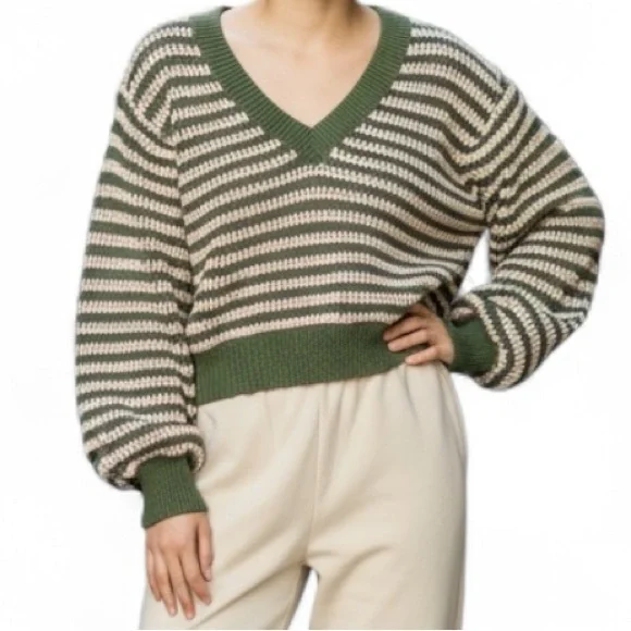Sachin + Babi 💯 Cotton Striped Soft Textured Green & Pink Balloon Sleeve Sweater - Picture 1 of 3